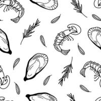 modello vettoriale senza cuciture di frutti di mare. gamberi di mare e ostriche con basilico e foglie di rosmarino. disegnato a mano, illustrazioni di doodle nero, contorno, silhouette su sfondo bianco