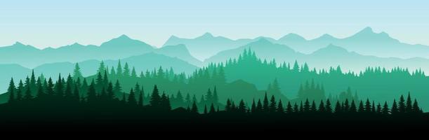 illustrazione vettoriale della foresta fumosa del paesaggio estivo, montagne di nebbia verde, sfondo escursionistico in stile banner piatto