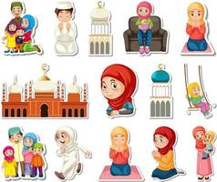set di adesivi di simboli religiosi islamici e personaggi dei cartoni animati vettore
