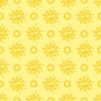 modello senza cuciture. un simpatico sole giallo in occhiali da sole sorride. sfondo giallo. illustrazione vettoriale. design, arredamento, packaging, stampa, carta da parati, tessuti, illustrazioni estive. vettore