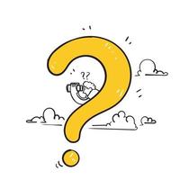 doodle disegnato a mano che tiene binocolo con il simbolo del punto interrogativo per la ricerca di una nuova illustrazione di idea di business vettore