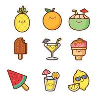 elementi dell'illustrazione di stile comico della frutta del dessert sveglio di emoji del fumetto vettore