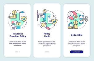 componenti assicurativi durante l'onboarding della schermata dell'app mobile. protezione finanziaria procedura dettagliata 3 passaggi pagine di istruzioni grafiche con concetti lineari. ui, ux, modello gui. vettore