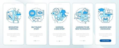 esempio di apprendimento permanente schermata blu dell'app mobile di onboarding. procedura dettagliata 5 passaggi pagine di istruzioni grafiche con concetti lineari. ui, ux, modello gui. vettore