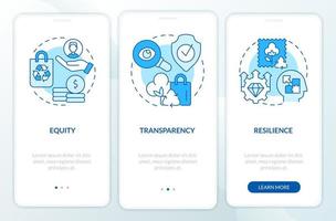 L'economia circolare emergente presenta lo schermo blu dell'app mobile di onboarding. procedura dettagliata 3 passaggi pagine di istruzioni grafiche con concetti lineari. ui, ux, modello gui. vettore