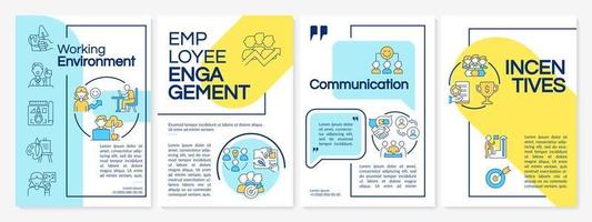 modello di brochure blu e giallo per l'ambiente produttivo dell'ufficio. design volantino con icone lineari. 4 layout vettoriali per la presentazione, relazioni annuali.