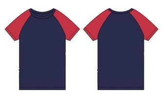 due toni di colore rosso e blu navy maglietta raglan manica corta moda tecnica schizzo piatto illustrazione vettoriale modello vista anteriore e posteriore isolati su sfondo bianco.