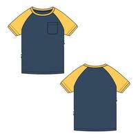 modello di illustrazione vettoriale di schizzo piatto di moda tecnica della maglietta raglan a maniche corte di colore giallo e blu navy a due toni per i bambini dei neonati.