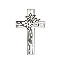 croce cristiana di pasqua con fiori isolati su sfondo bianco. illustrazione disegnata a mano di vettore in stile doodle. perfetto per progetti di vacanze, biglietti, loghi, decorazioni, inviti.