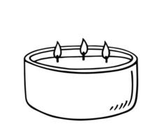 candela aromatica bruciante con tre stoppini isolati su sfondo bianco. illustrazione disegnata a mano di vettore in stile doodle. aromaterapia, elemento di design relax. adatto per carte, logo, decorazioni.