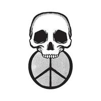 teschio disegnato a mano con illustrazione di doodle del logo della pace per poster di adesivi per tatuaggi ecc vettore