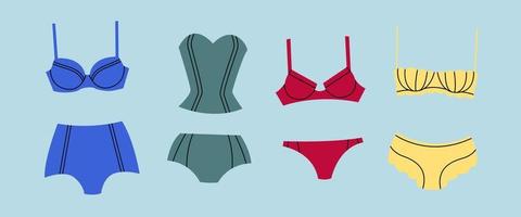 collezione di biancheria intima da donna alla moda. biancheria intima femminile alla moda. mutandine, bikini, corsetto e reggiseni. collezione di cartoni animati disegnati a mano di biancheria intima da donna. sensualità e femminilità. vettore