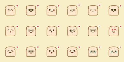 fette di pane simpatico cartone animato con facce kawaii. toast di segale bianco e marrone. illustrazione di stile vettoriale piatto di carattere semplice.