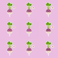 concetto di cibo sano rapa viola. raccolta di emoticon emoji. personaggi dei cartoni animati per vegani, vegetariani, cibo, ristorante. kawaii e simpatico disegno vettoriale