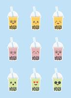 set di adesivi emoji carino kawaii con tè al latte con bolle di cartoni animati vettore