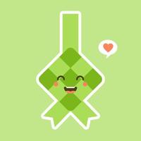 carino e kawaii gnocco di riso o icona ketupat in design piatto isolato su sfondo verde. illustrazione vettoriale di eid mubarak.