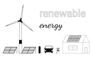 serie di illustrazioni disegnate a mano che mostrano come utilizzare le fonti di energia rinnovabile. mulino a vento, pannelli solari e un'auto a batteria. schizzo di scarabocchio. illustrazione vettoriale