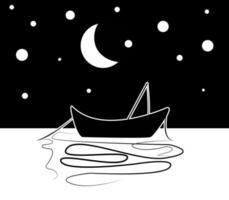 illustrazione isolata dello schizzo disegnato a mano di vettore della barca a vela. yacht da mare che galleggia sulla superficie dell'acqua. cielo notturno con stelle e paesaggio lunare. disegno doodle monocromatico.