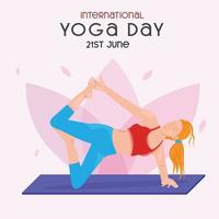 illustrazione della donna che fa asana per la giornata internazionale dello yoga il 21 giugno con sfondo di loto vettore