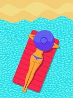 giovane ragazza in bikini e cappello si trova sul materasso in mare vicino alla spiaggia. manifesto estivo. estate vettore