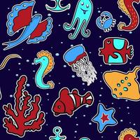 sfondo senza soluzione di continuità da animali marini. un cavalluccio marino, una medusa, una pastinaca, un polpo, un pesce pappagallo, stelle marine, coralli. su sfondo blu con bolle d'aria. per la stampa su tessuti.