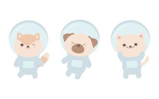 set di simpatici animali kawaii astronauti in colori pastello. divertente cane, gatto e volpe in tute spaziali. illustrazione vettoriale isolato su sfondo bianco
