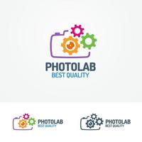 logo photolab con fotocamera e ingranaggi vettore
