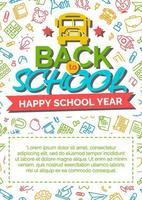 carta di ritorno a scuola con etichetta a colori composta dall'icona del bus e segno felice anno scolastico sul nastro rosso