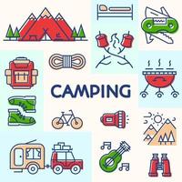 camping card composta da camper, montagna, zaino, bicicletta per badge da viaggio, kids camp vettore