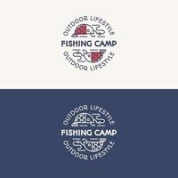 set logo campo di pesca composto da pesce sull'amo per esplorare emblema, badge da viaggio vettore