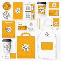 modello di identità aziendale panetteria e caffetteria con logo di croissant, tazza e cucchiai
