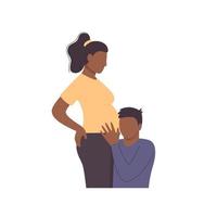 giovane coppia afroamericana, marito che tocca la pancia della moglie incinta in attesa del bambino, ascoltando il battito cardiaco del bambino vettore
