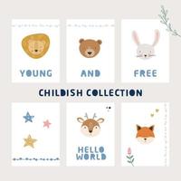 cartone animato carino animali collezione di carte per bambini con testo vettore
