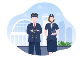 illustrazione vettoriale del fumetto pilota con aeroplano, hostess, città o aeroporto di sfondo
