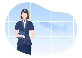 hostess o hostess con uniforme blu e portare una valigia in aeroporto in fumetto illustrazione vettoriale