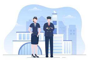 illustrazione vettoriale del fumetto pilota con aeroplano, hostess, città o aeroporto di sfondo