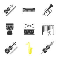 set di icone del glifo di strumenti musicali. violino, mellotron, flicorno, kendang, tamburo, marimba, viola, sassofono, violoncello. simboli di sagoma. illustrazione vettoriale isolato