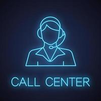 icona della luce al neon dell'operatore del call center. segno luminoso del servizio di supporto. illustrazione vettoriale isolato