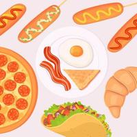 cucinando insieme sfondo fast food. croissant, pizza, taco, pancetta con uovo, corn dog in stile cartone animato piatto vettore