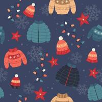 fantasia natalizia con maglioni, cappotti invernali, cappelli e luci. sfondo festivo con elementi disegnati a mano, illustrazione vettoriale