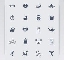 20 icone fitness, stile di vita attivo, icone vettoriali fitness, palestra, sport, allenamento, icone allenamento, pittogrammi fitness, illustrazione vettoriale