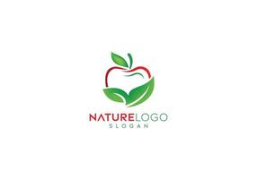 disegno vettoriale del logo della foglia di frutta fresca di mela, logo della foglia, disegno del logo della mela, disegno del logo vettoriale dell'alimento naturale
