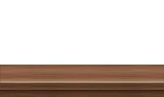 vista laterale vuota del tavolo in legno dello spazio libero, per il branding della tua copia. utilizzato per la visualizzazione o il montaggio di prodotti. concetto di stile vintage. superficie realistica marrone legno isolata su sfondo bianco. vettore 3d.