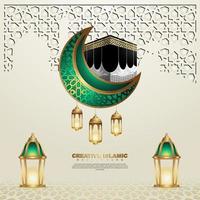 modello di sfondo biglietto di auguri design islamico con ornamentali colorati di mosaico, luna crescente, kaaba e lanterna islamica