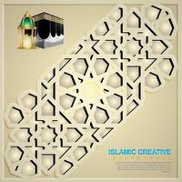 modello di sfondo biglietto di auguri design islamico con ornamentale colorato di mosaico, kaaba e lanterna islamica vettore