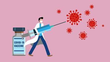 medico maschio che indossa una maschera medica con siringa e vaccino che combattono le particelle di virus illustrazione vettoriale