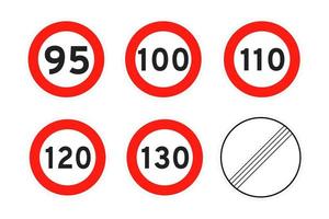 limite di velocità 95, 100, 110, 120, 130, circolare icona del traffico stradale segno piatto stile disegno vettoriale illustrazione set