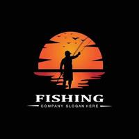 vettore icona logo pesca, pescare pesce sulla barca, design silhouette tramonto all'aperto