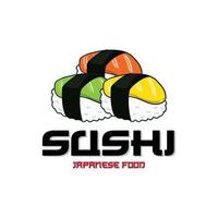 vettore di logo di cibo sushi giapponese, con una varietà di carne di pesce, design di sfondo adatto per adesivi, serigrafia, banner, flayer, aziende