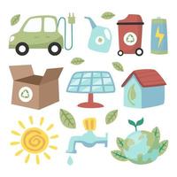 eco-friendly, risparmio energetico, ambiente rinnovabile simbolo adesivo clip art con auto verde, sacchetto di carta, lampadina e mulino. vettore